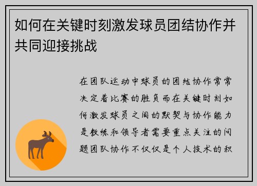 如何在关键时刻激发球员团结协作并共同迎接挑战