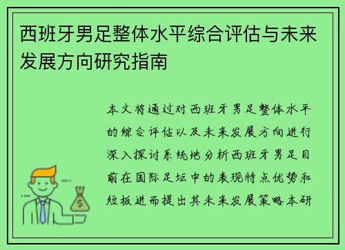 西班牙男足整体水平综合评估与未来发展方向研究指南