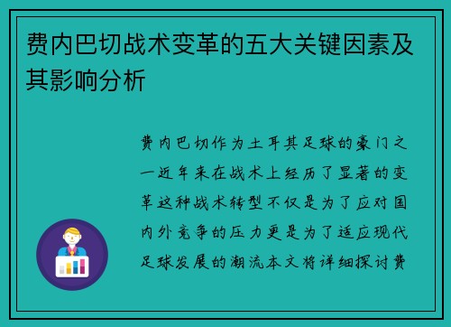 费内巴切战术变革的五大关键因素及其影响分析 费内巴切战术变革的五大关键因素及其影响分析